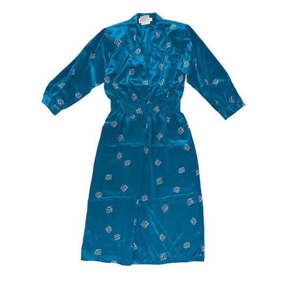 Petites for Maggy Vintage Teal Geometric Satin Midi Dress Size 4 Retro 80s G2 - Picture 3 of 10